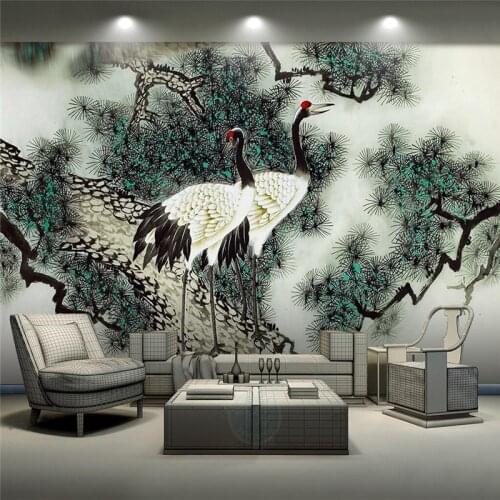 Beibehang Customize any size 3D wallpaper mural photos Songhe Yannian ink painting pine wood crane figure background wall