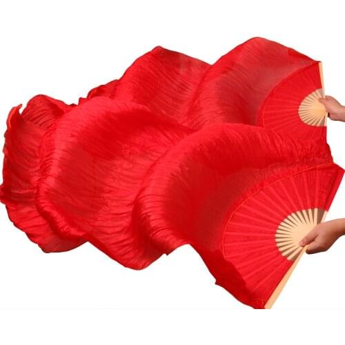 2018 Newest Handmade Bamboo Ribs Dance Props Silk Belly Dance Fans Natural Silk 1 Pc Left hand+1 Pc Right Hand Red Colors