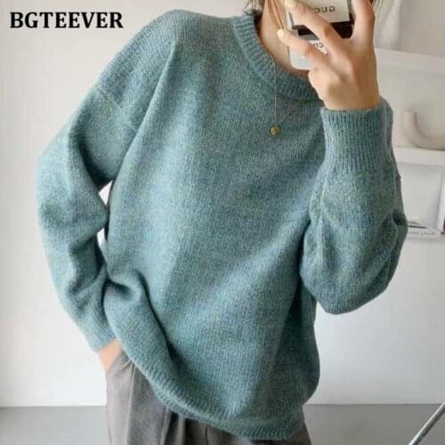 BGTEEVER Vintage O-neck Warm Female Knitted Tops Jumpers Autumn Winter Long Sleeve Loose Solid Pullover Sweaters Women 2020