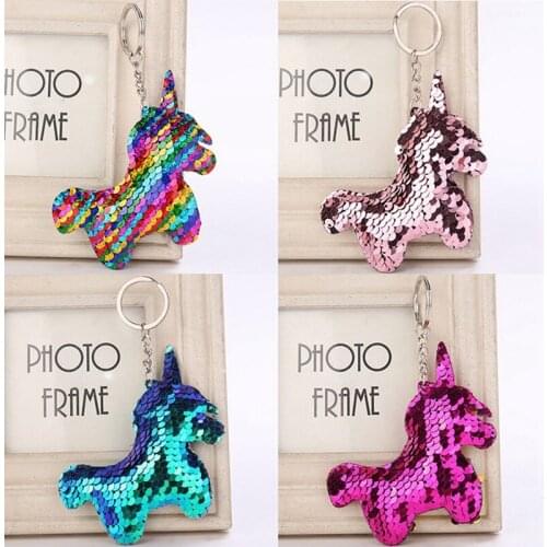 Sequin Unicorn Keychain Glitter Keyring Bags Pendant Charms Decoration Car Key Ring Phone Accessories Kids Party Gifts