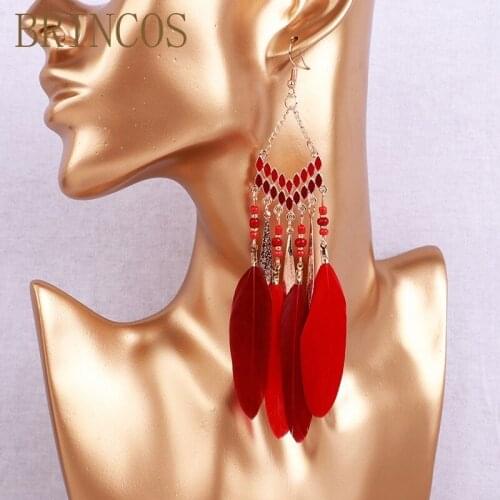 Bohemian feather fleece fashion pendant large earrings luxury long tassel rice beads jewelry female models 2019 chain dangle