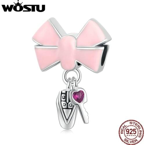 WOSTU 2021 925 Sterling Silver Pink Car Key with Bow Sparkling Pendant Charm Beads Fit Original Bracelet DIY Jewelry CQC1974