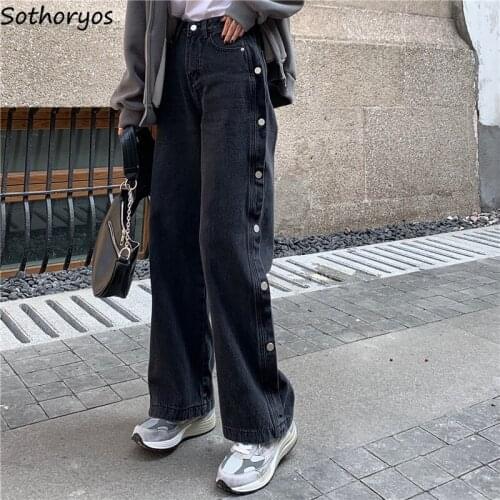 Jeans Women High Waist Straight Button Design Loose Ulzzang Black Denim Casual Korean Style Streetwear Trendy Zipper Pocket Ins