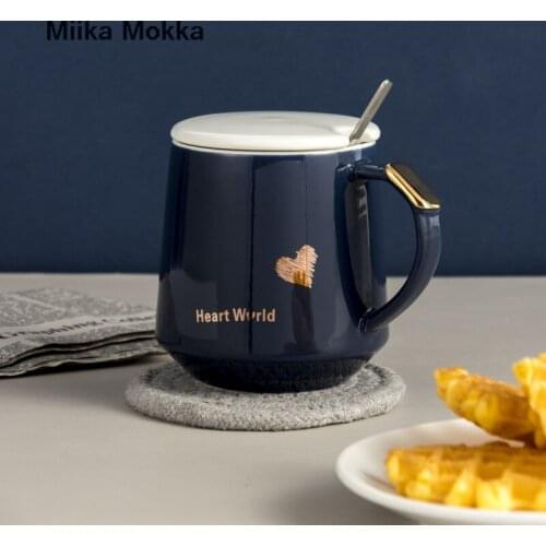 Nordic Heart Print Ceramic Mug with Lid Spoon Creative Simple Milk Cup Coffee Cup Home Office Water Cup Couple Cups Drinkware