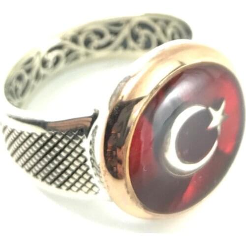 LARGE CENTER ROUND RED STONE MOON STAR ARM ORNAMENTAL CHARISMATIC RING 925 SILVER Muslim Ring