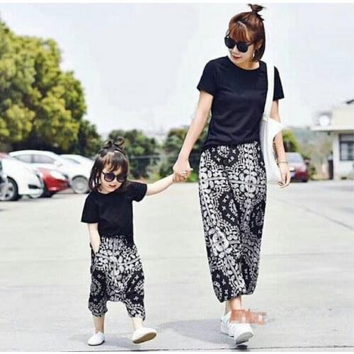 Summer Family Matching Outfits Mother Daughter Boys Cotton T-Shirt+Harem Cropped Trousers Loose-fitting 2PCS Sets Clothing B55