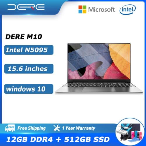 DERE Laptop MBook M10 15.6 Inch FHD Intel Celeron N5095 Core 12GB ROM 256/512GB Notebook Gaming Computer Windows 10 For Students