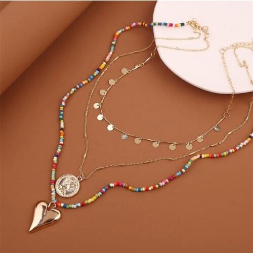 New Bohemian Rice Bead Coin Multilayer Necklace Female Japan and South Korea Trend Sweet Fashion Love Pendant Accessories