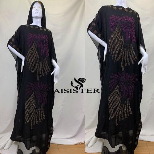 New African Diamond Long Dashiki Summer Flower Boubou Femme Abaya Dubai African Kaftan Dress With Scarf Black Chiffon Clothes