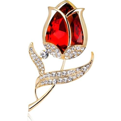 One Fashionable Womens Elegant Tulip Flower Brooch Rose Crystal Womens Dress Coat Accessories Fashion Brooch Jewelry Gift