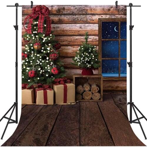 Christmas Tree Backdrop for Children Kids Photography Retro Wood Windows Photo Background Snow Night Gifts Photocall Studio Prop