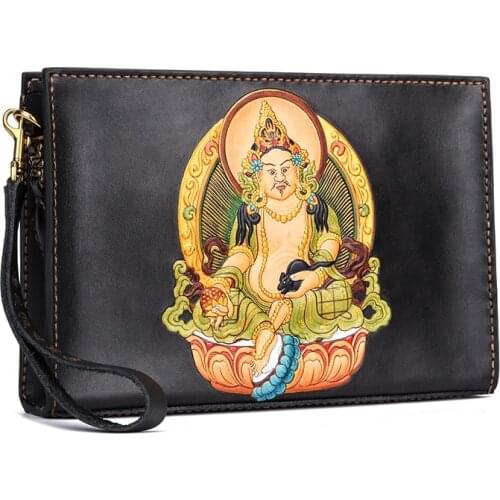 Handmade Men Vegetable Tanned Leather Carvings Mammon Bag Money Holder Clutch Purse Cigarette Pocket Man Clutches