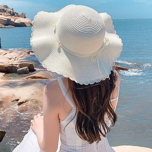 Summer Lady Girl Casual outdoor Straw Hat with Rope Ribbon Beading Sun hat Sunscreen Visor Caps Women Travel