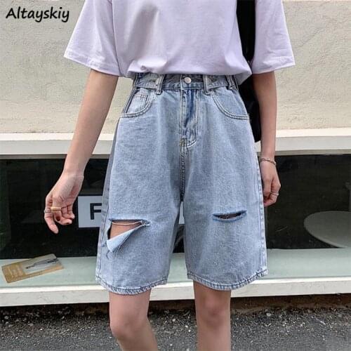 Hot Shorts Women Denim Summer New High Waist Loose Pockets Hollow Out Casual College All-match Fashion Streetwear Daily Ripped