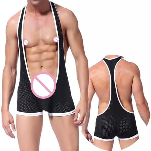 Sexy Men Undershirt Mesh Breathable Wrestling Singlet Leotard One-Piece Bodybuilding Jumpsuit Suspender Gay Jockstrap Underwear