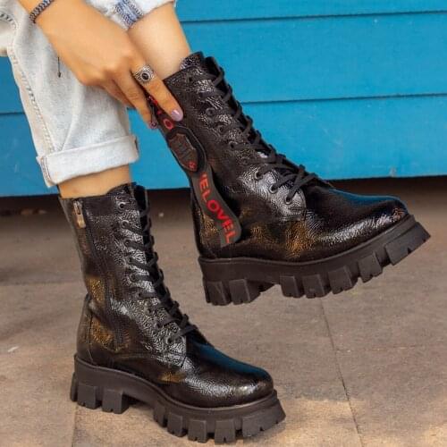 Tonar Kade Black Japanned Leather Women 'S Postal Boots Sonabahar Winter New Season Cool Style Casual