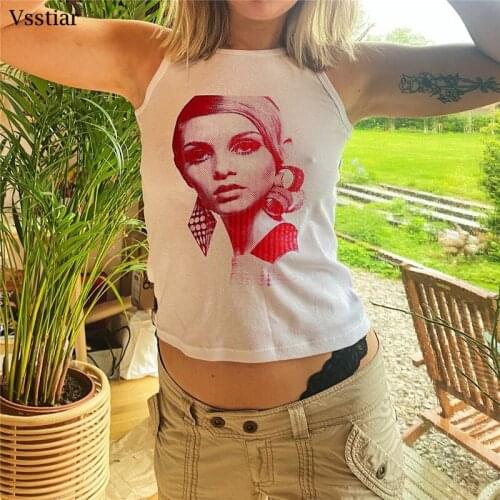 Vsstiar Sexy Tie Dye Crop Top Y2K Women Portrait Print Round Neck Casual Cropped Sleeveless Summer Fashion Tanks 2021 Street
