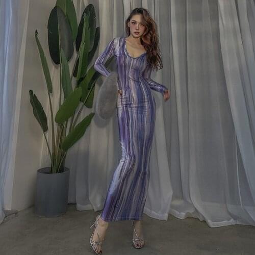 Blue Long Sleeve Tie Dye Maxi Dress Sexy Women V neck Bodycon Party Long Dress Club Night Out Vestidos