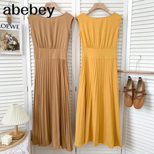 Temperament O-neck sleeveless off shoulder Dress high waist solid mid-length A-line Pleated Dress 2021 New Summer Women