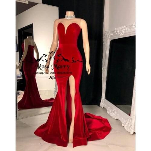 Red Velvet Mermaid Prom Dresses 2021 Vestidos De Fiesta Sexy Women High Split Long Simple Formal Celebrity Evening Party Gowns