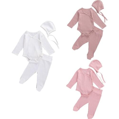 2020 0-18M Infant Baby Boy Girl Autumn Clothes Soft Cotton Solid 3pcs V neck Long Sleeve Top Romper+Wrap foot Long Pants +Hat