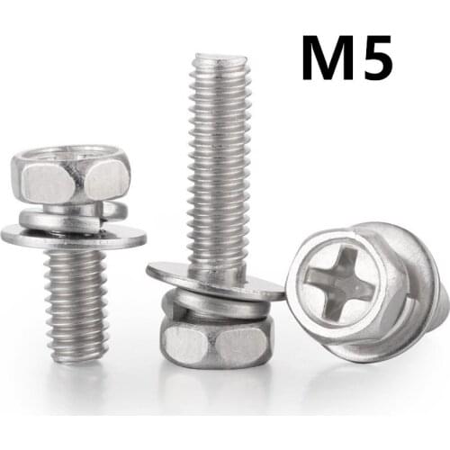 50pcs/lot M5x8/10/12/16/18/20/25mm GB9074.13 Stainless steel phillips sems hex bolt with washer three combination screws