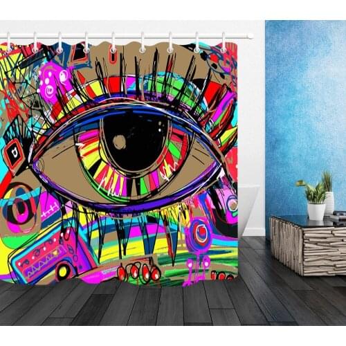 72'' Graffiti Freehand Sketching Eye Vivid Bathroom Waterproof Fabric Shower Curtain 12 Hooks Sight Blocking Bath Accessory Sets
