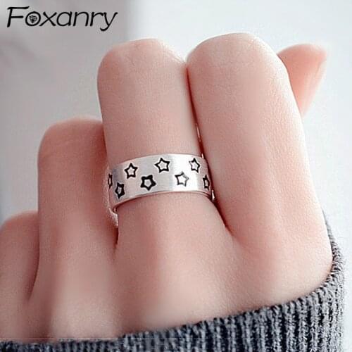 FOXANRY 925 Sterling Silver Smooth Rings for Women Couples New Fashion Vintage Simple Stars Pattern Party Jewelry Birthday Gifts