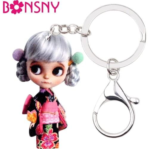 Bonsny Acrylic Japanese Silver Hair Doll Key Chains Keychain Keyring Cute Fashion Jewelry For Women Girls Teens Accessories