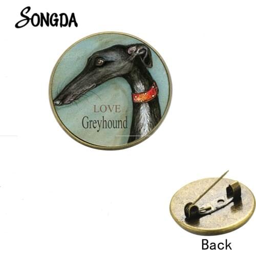 Love Greyhound Cute Pet Bronze Brooch Cartoon Dog Print Glass Cabohcon Fashion Animal Brooches Clothes Backpack Badge Pin