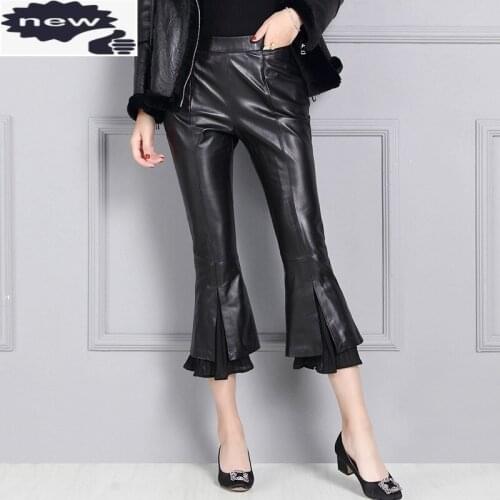 New Fashion Women Top Quality Sheepskin Real Leather Flare Calf Length Office Ladies Elastic Waist Bell-bottomed Pants 4XL