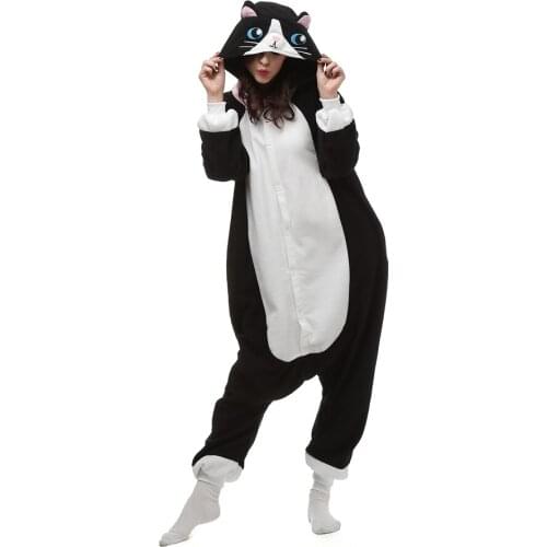 Polar Fleece Kigurumi Black Cat Cosplay Costume Cartoon Onesies Pajama Halloween Carnival Masquerade Party Jumpsuit Clothing