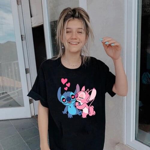 Disney Lilo Stitch Cartoon T-shirts Tops Women Lady S-3XL Summer Female T Shirts White Black O-neck Ohana Stitch Hot Tees Tshirt