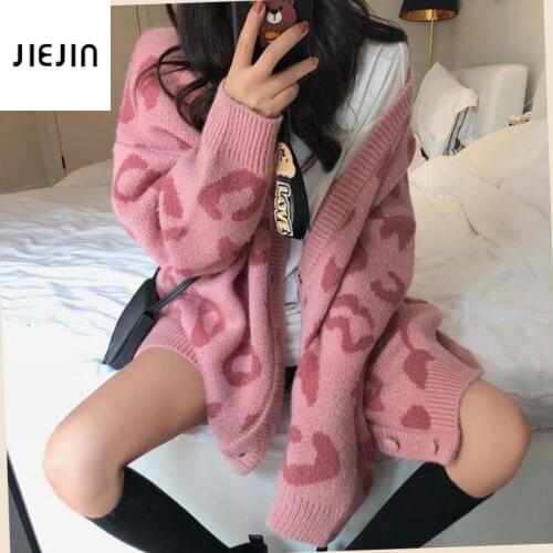 Pink Leopard Knitted Cardigan Women V Neck Thick Leopard Print Sweaters Korean Fashion Casual Loose Button Outwear Tops 2021 New