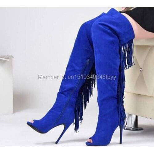 Hot sale Women Thigh High Boots Peep Toe High Heels Fringe Tassel Boots Fashion Women Shoes