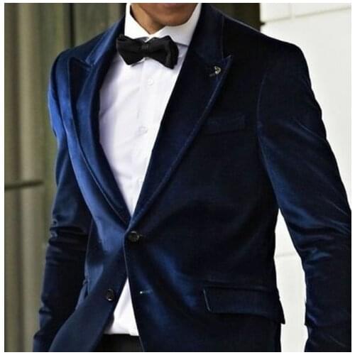 Navy Velvet Smart Casual Men Suits for Prom Party 2021 Peaked Lapel Two Piece Jacket Black Pants Slim Fit Wedding Tuxedos