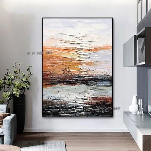 Hand Painted Contemporary Lake Landscape Abstract Oil Painting Minimalist Modern On Canvas Wall Art Decorative For Living Room