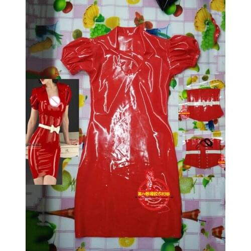 Sexy Red Women Latex Tight Dress Turn-down Collar with Latex Corset Knee Length Dress
