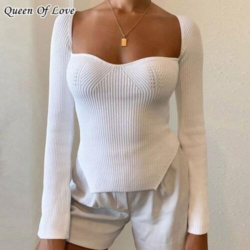 Sexy Square Neck Knitted Sweater Women Casual Long Sleeve High Stretch Pullovers Streetwear White Soft Basic Top Autumn 2021