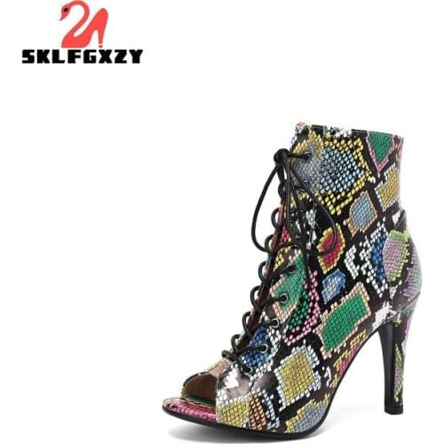 SKLFGXZY 2021 New Summer Style High Heels Women Cool Boots Lace-up Python Lines Fish Mouth Shoes Female Boots