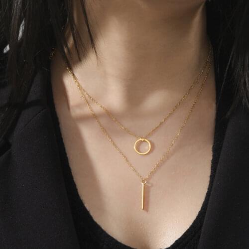 Skyrim Simple Geometry With Circle Double Layers Pendant Necklace for Women Girls Stainless Steel Gold Color Jewelry on the Neck