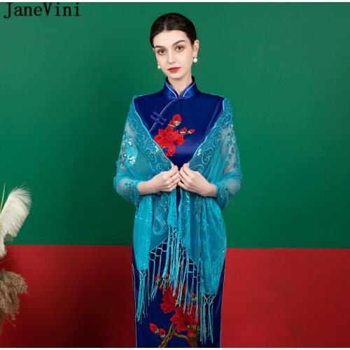 JaneVini 2021 Sequined Braut Blue Bolero Wedding Cape Shawl Scarf Red Navy Shiny Bridal Hijabs Wraps Stole Chales Femme Mariage