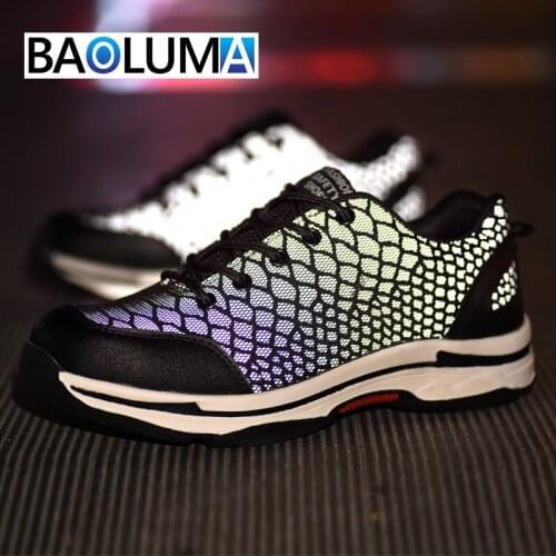 Unisex Safety Work Boots Steel Toe Anti-smashing Fashion Construction Sneakers Chameleon Luminous Reflective Glare Sneakers35-48