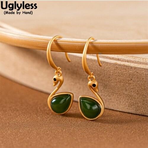 Uglyless Natural Jasper Swans Animals Water Drop Gemstones Earrings Women Elegant Miss Swan Earrings 925 Silver Brincos Bijoux