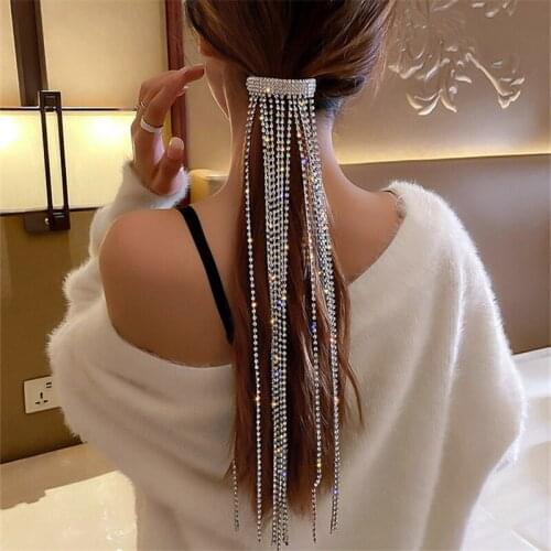 Shine Full Rhinestone Hairpins for Women Bijoux Long Tassel Crystal Hair Accessories Wedding Banquet Jewelry
