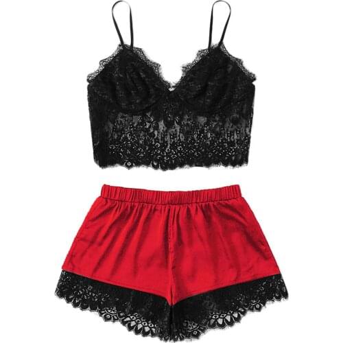 Women Ladies Sexy Nightwear Lace Floral Lingerie Sling Thin Straps Vest Elastic High Waist Sleeping Pants Pajama Sets