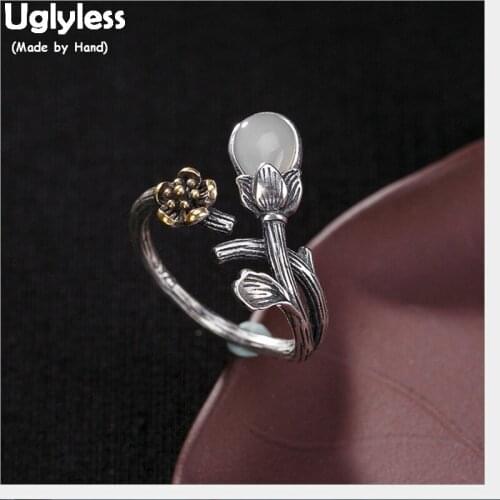 Uglyless 100% Real Solid 925 Sterling Silver Handmade Ethnic Thai Silver Flower Rings for Women Natural Jade Water Drop Ring