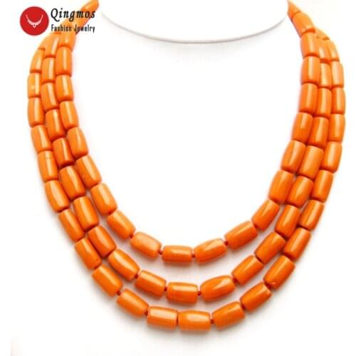 Qingmos Natural Orange Coral 3 Strands Necklace for Women with Genuine 10-12mm Thick Slice Coral Chokers Necklace 18" Jewelry