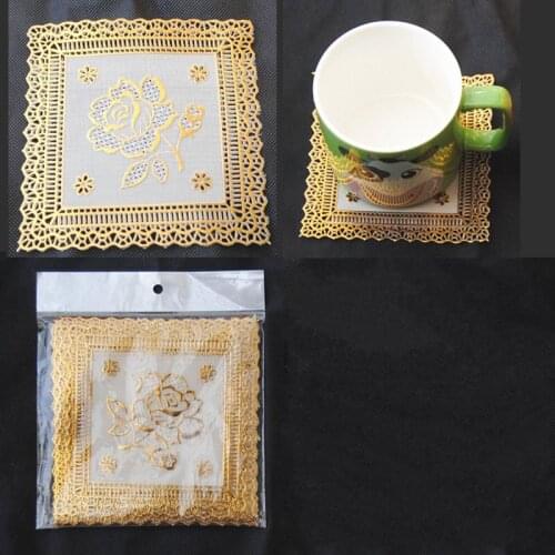10Pcs/bag Golden Cutlery Mat European Style Hollow Out Gilded Rose Flowers Pattern Household Tabletop Decorative Teacup Mat