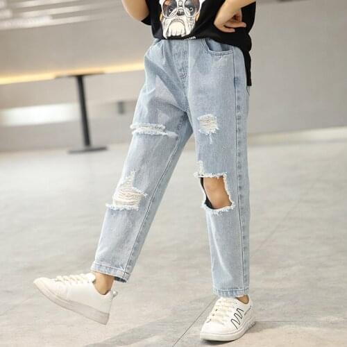 2021 summer girls jeans teenage girl blue hole denim children trousers wholesale 3-12year